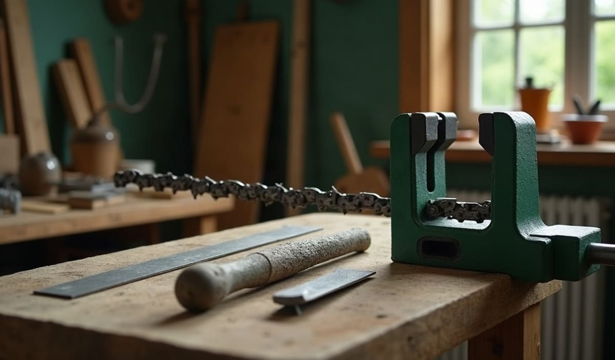 Chaîne de tronçonneuse calée dans un étau avec une lime ronde dans son porte-lime