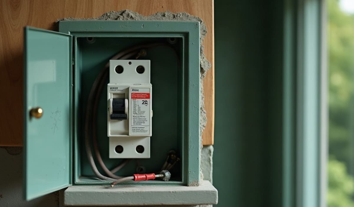 Tableau électrique ouvert avec un disjoncteur de 20 A étiqueté pour le four et un câble