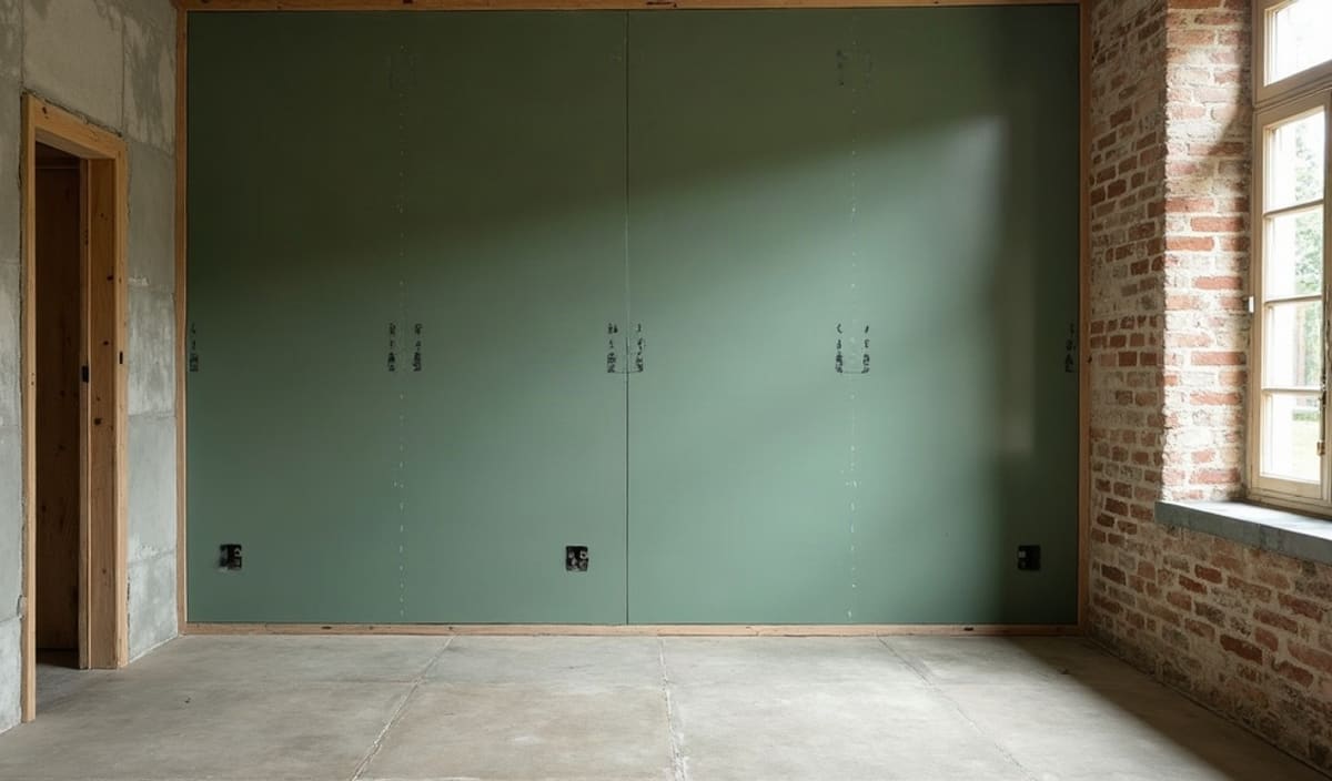 Ossature métallique garnie de laine minérale devant un mur de chambre en briques