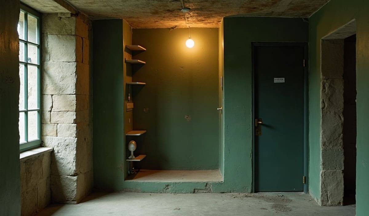 Cave en pierre avec une grille de ventilation haute et un hygromètre sur une étagère