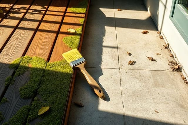lames de terrasse en bois verdies par la mousse et brosse dure posee dessus