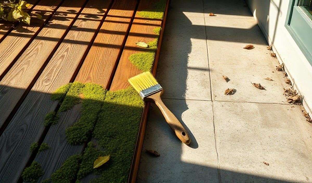 lames de terrasse en bois verdies par la mousse et brosse dure posee dessus