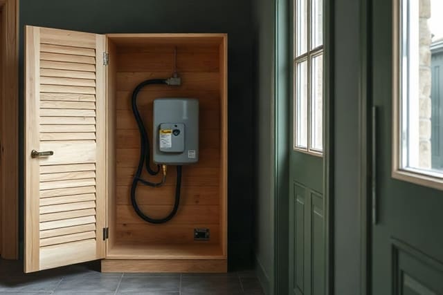 coffrage en bois a claire-voie devant un tableau electrique dans une entree