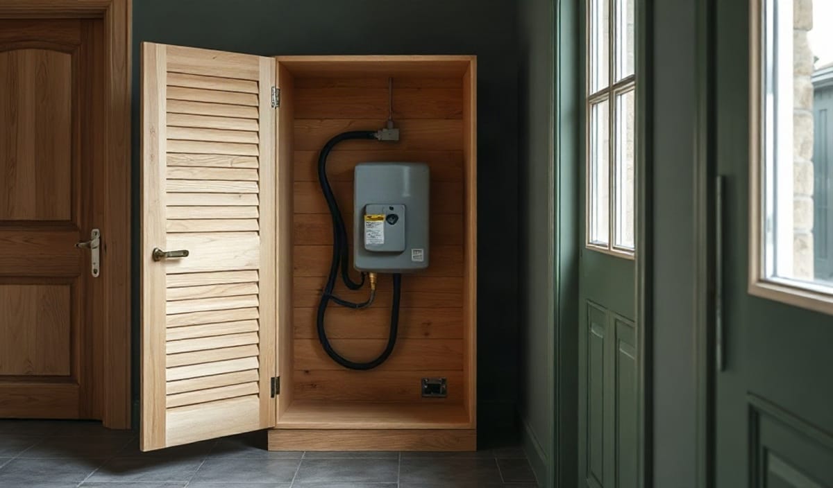 coffrage en bois a claire-voie devant un tableau electrique dans une entree