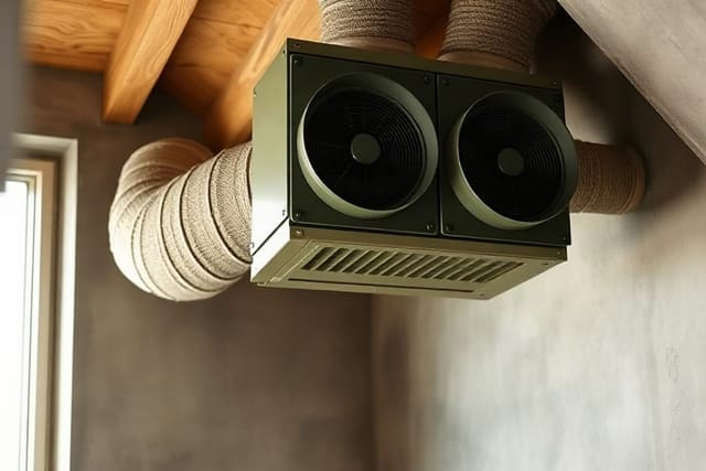caisson de ventilation double flux et ses gaines dans un comble amenage