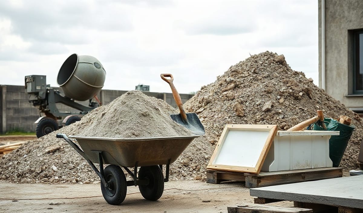 betonniere en marche a cote d un tas de melange sable gravier et de sacs de ciment