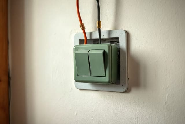 interrupteur va-et-vient demonte, ses trois bornes et ses fils visibles dans la boite